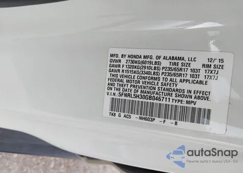 2016 Honda Odyssey Se from USA, damaged, VIN 5FNRL5H30GB046711